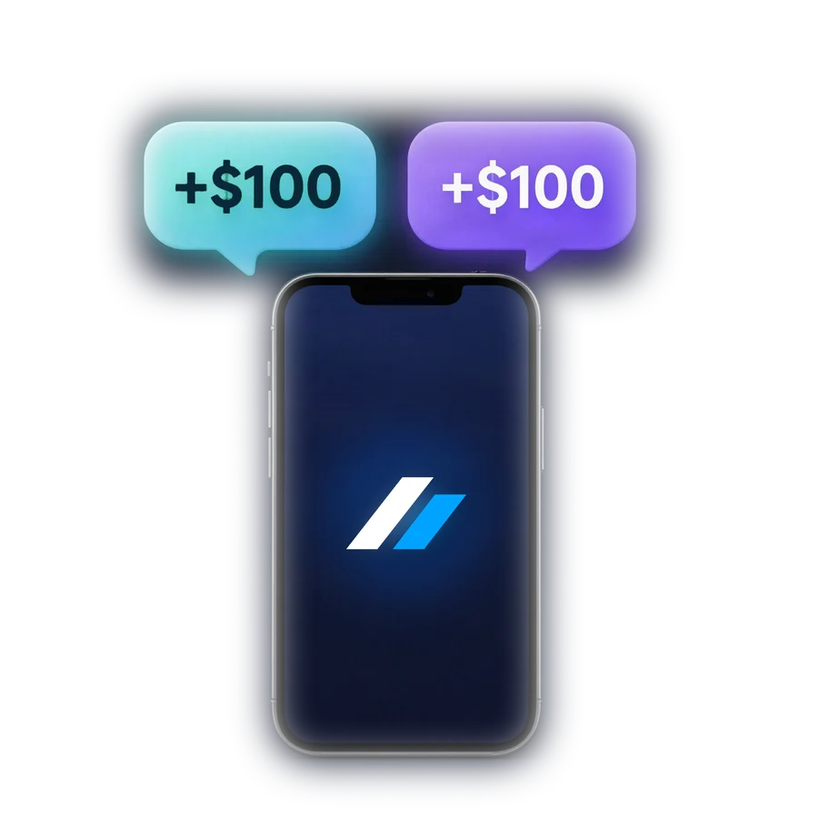 Smartphone with the Alliance Trade logo and two equal bonuses, one for you and one for your friend